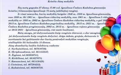 Ignalinos Česlovo Kudabos gimnazija kviečia į Gimnazijos Ignalinoje 75 metų jubiliejinį renginį
